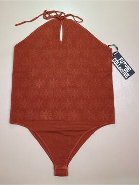 Future Collective Halter Bodysuit Rust Knit Textured Keyhole 1X